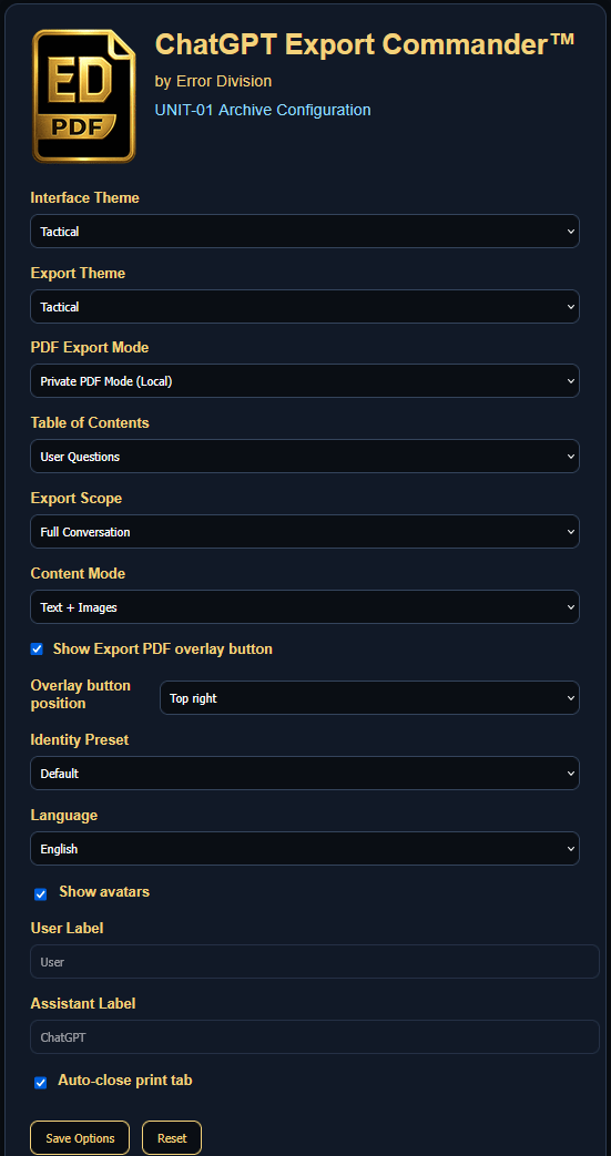 Options Dashboard